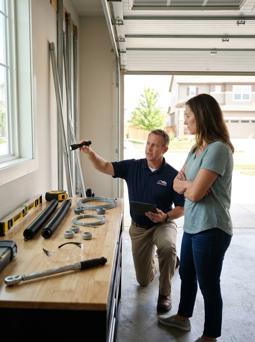 Garage door technician realigning an off-track garage door in Highlands Ranch, Colorado