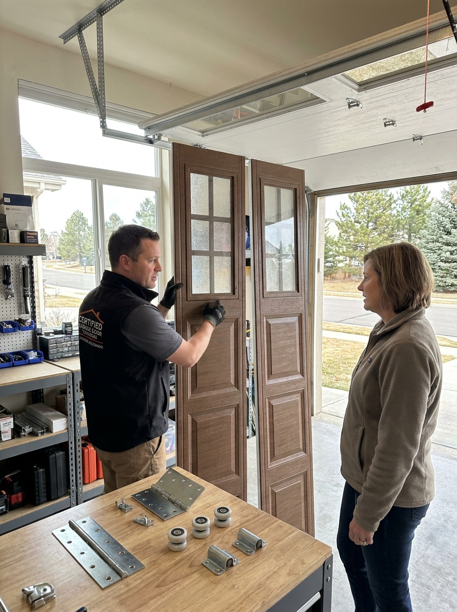 Garage door technician installing a replacement panel on a garage door in Englewood, Colorado