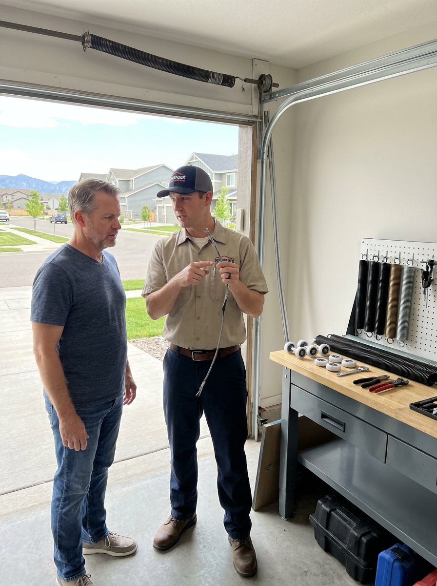Garage door technician repairing a residential garage door in Thornton, Colorado