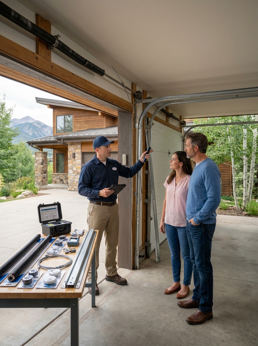 Garage door technician repairing a residential garage door in Lakewood, Colorado