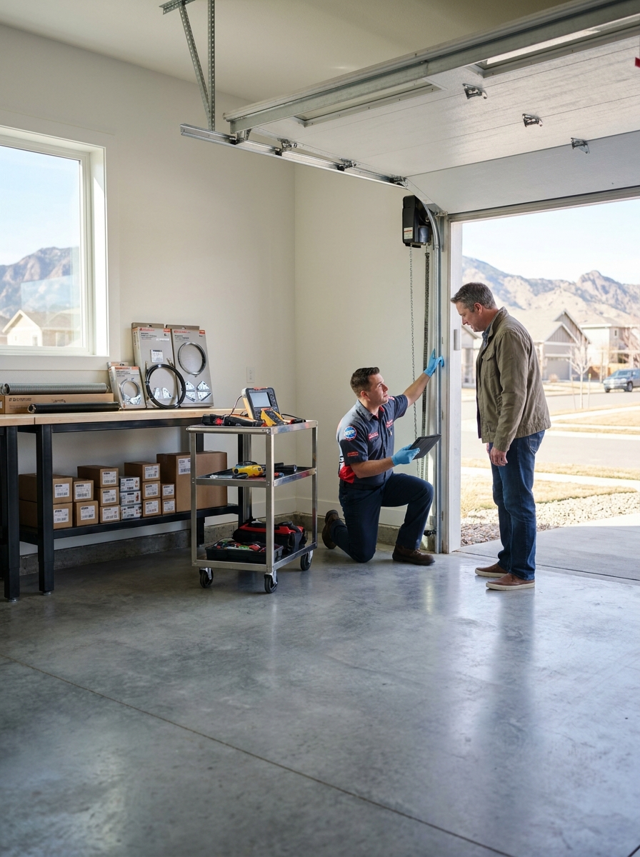 Garage door technician repairing a residential garage door in Arvada, Colorado
