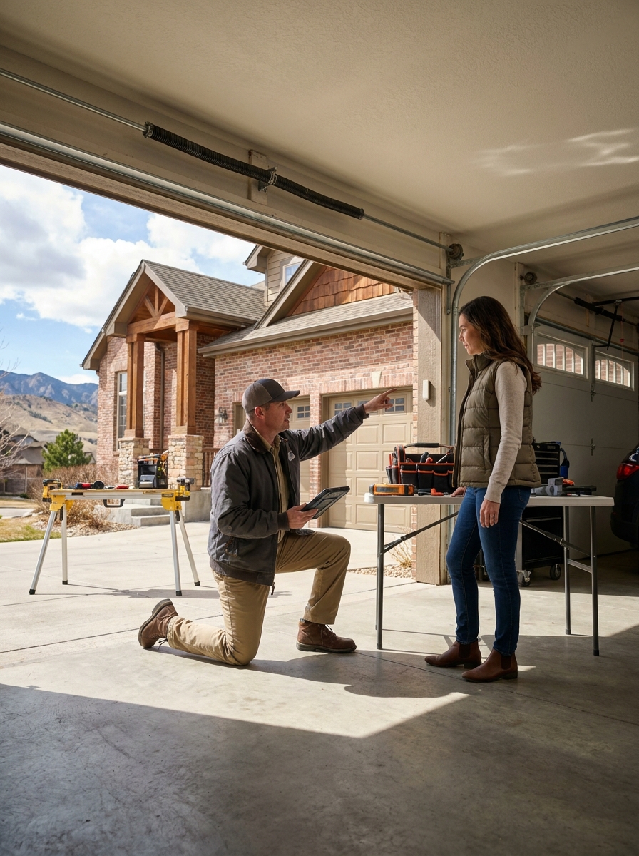Garage door technician repairing a residential garage door in Centennial, Colorado