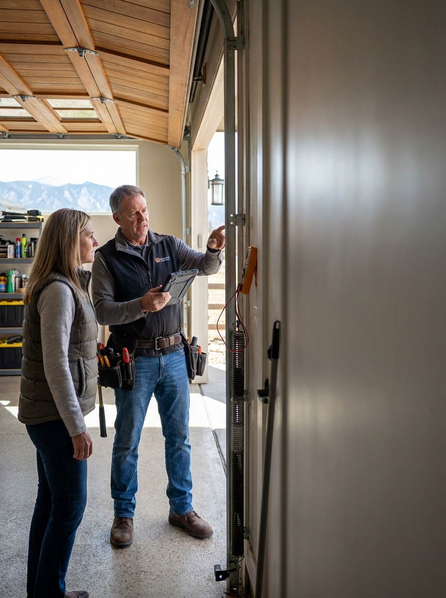Garage door technician repairing a residential garage door in Westminster, Colorado